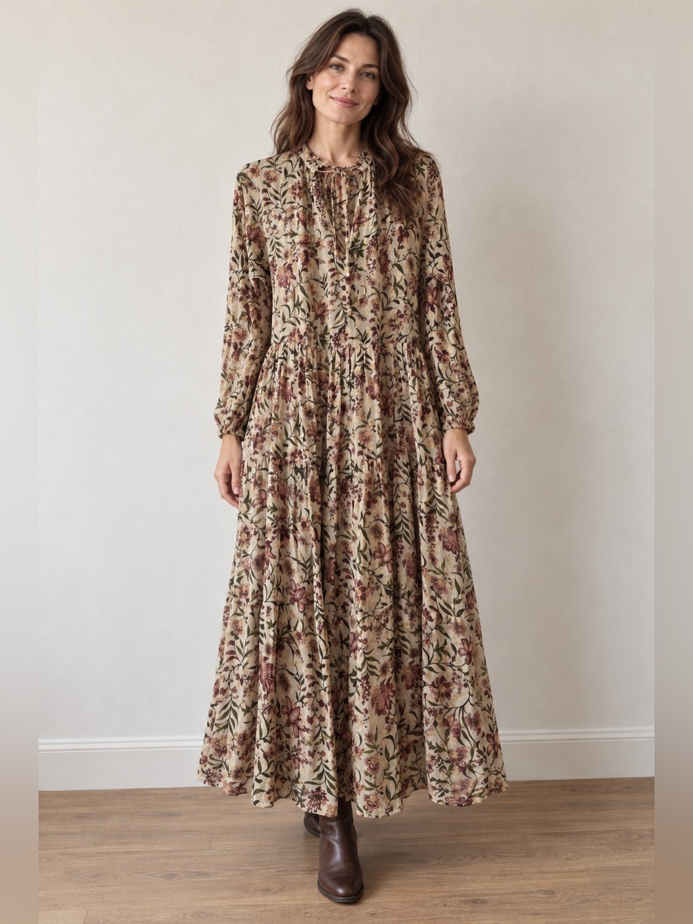 Zara Tan Floral Boho Silky Cottagecore Dress GUC *FLAW* S #1676